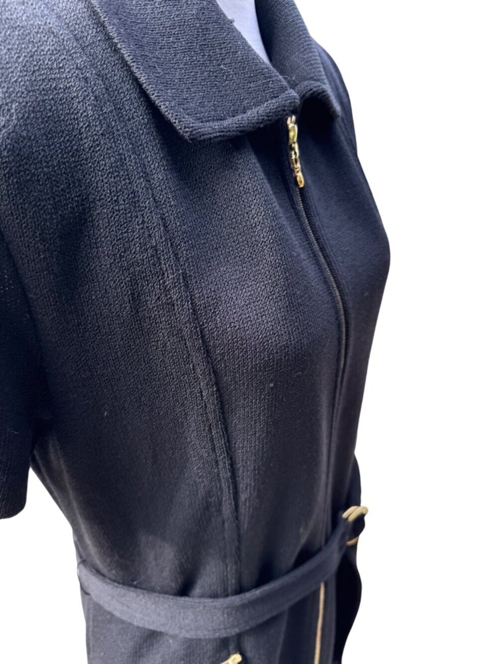 St John Collection Dress Women 12 Black Knit Belted Gold Zip Pockets USA - Picture 7 of 8